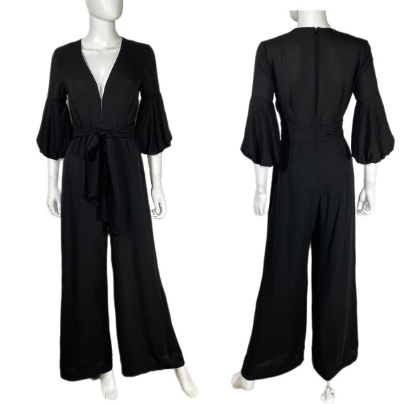 Reina Diaz Deep V-Neck Bishop Sleeve Black Pantsuit Jumpsuit - Picture 1 of 10